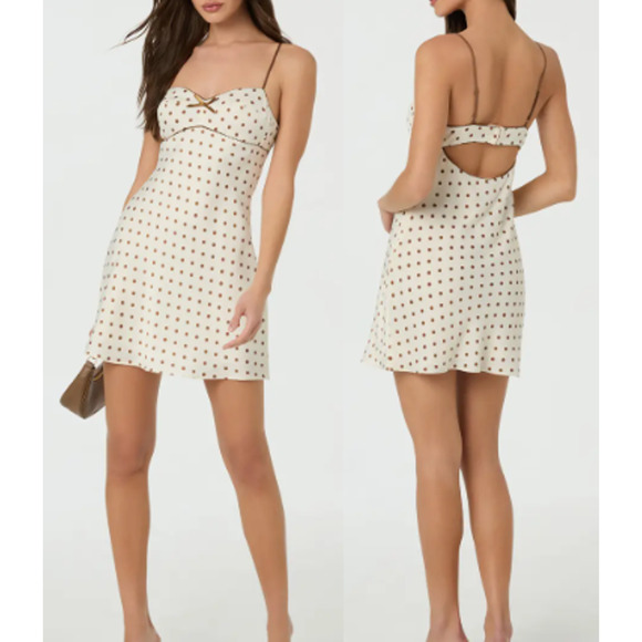 NWT ASTR the Label Satin Bow Trim Polka Dot Mini Dress White/Brown Womens Size M - Picture 1 of 6